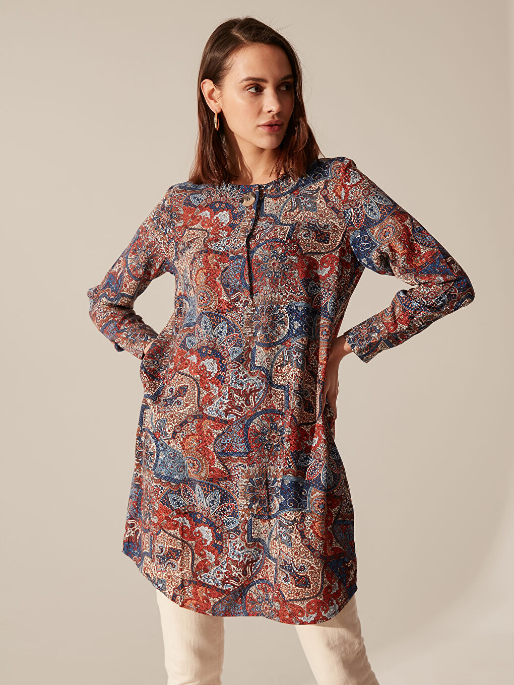 Kahverengi Uzun Kollu Kadın Tunik-1