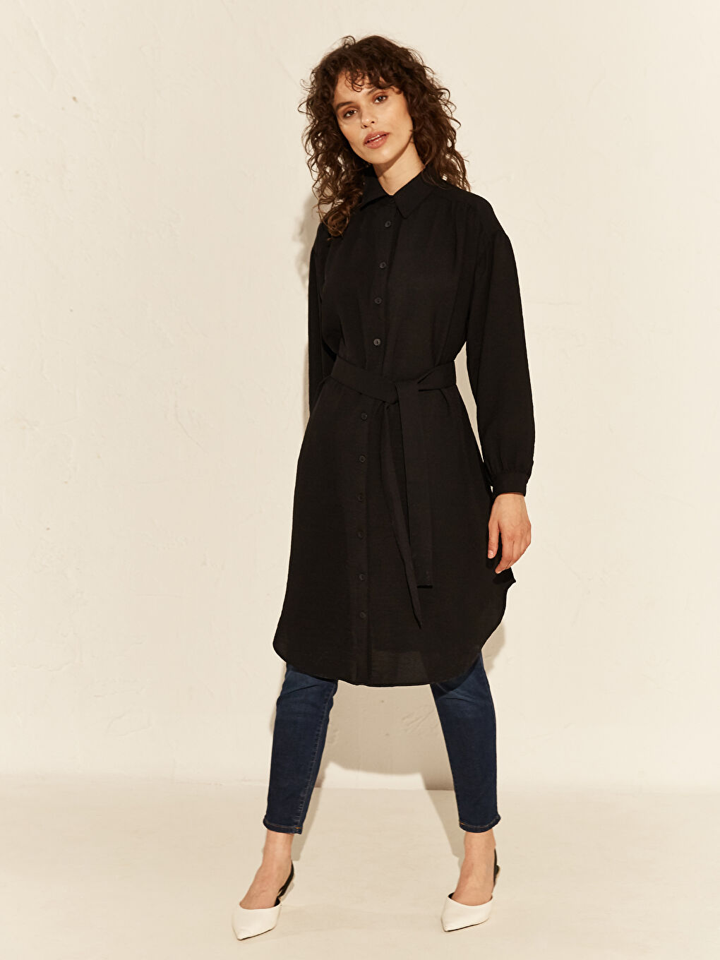 Siyah Gömlek Yaka Uzun Kollu Oversize Kadın Tunik-2
