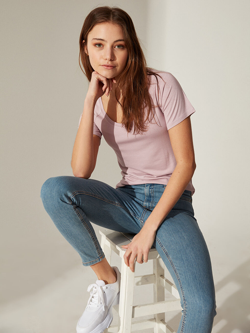 Lila U Yaka Pamuklu Kısa Kollu Kadın Düz Tişört