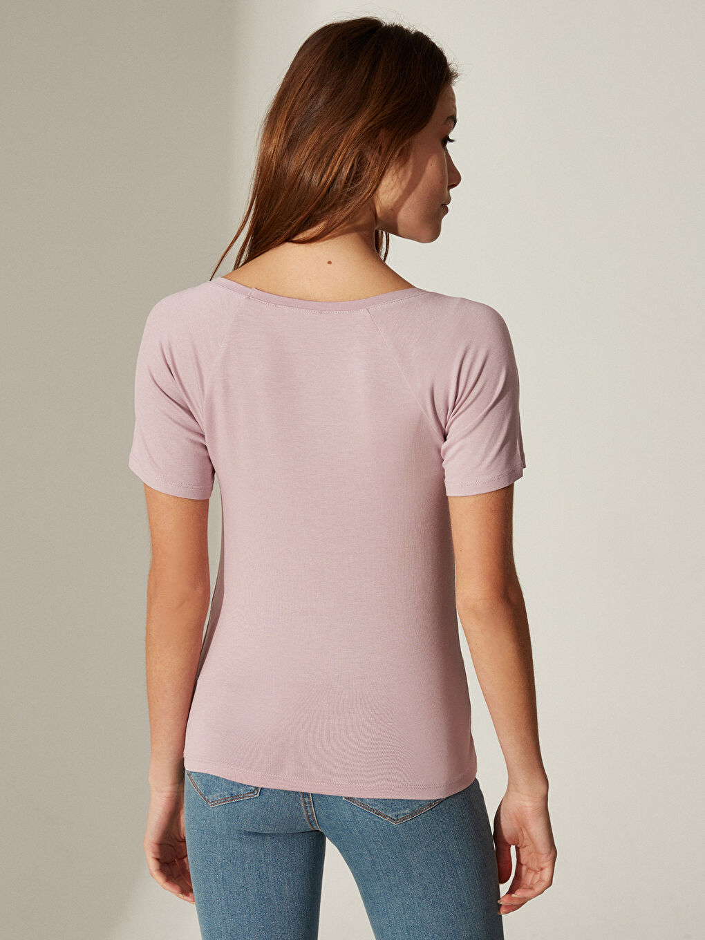 Lila U Yaka Pamuklu Kısa Kollu Kadın Düz Tişört-4