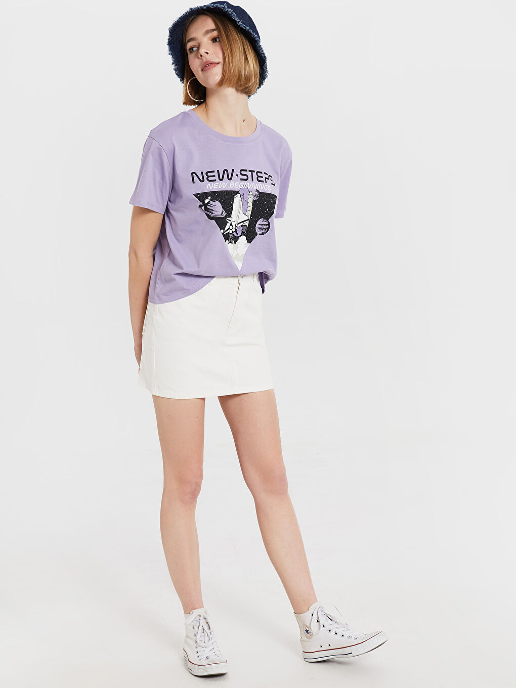 Lila Bisiklet Yaka Kısa Kollu Kadın Tişört-2