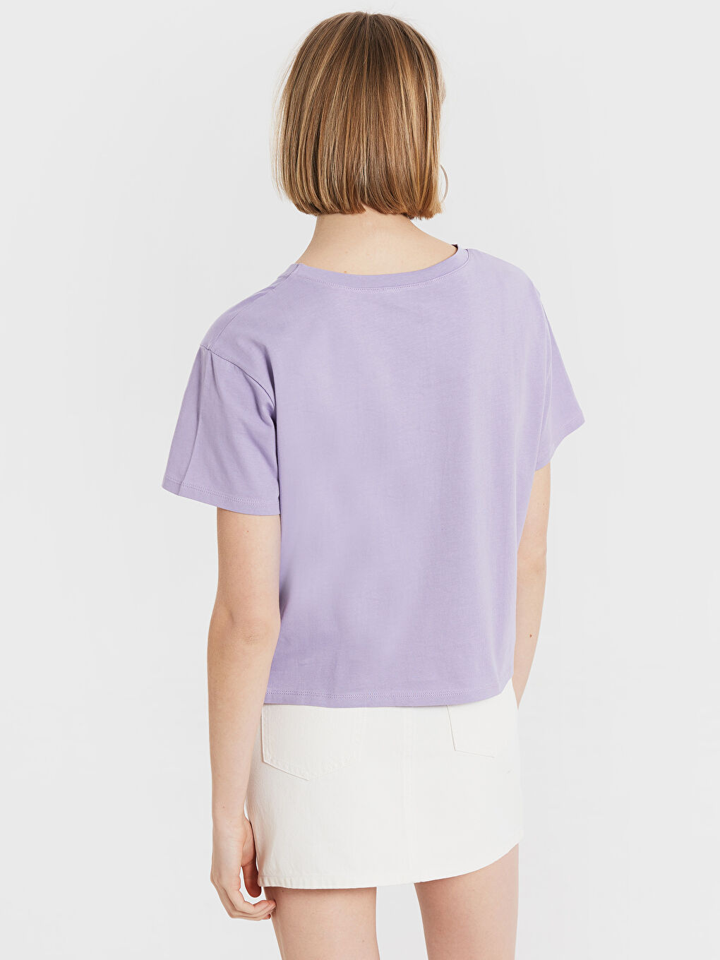 Lila Bisiklet Yaka Kısa Kollu Kadın Tişört-3