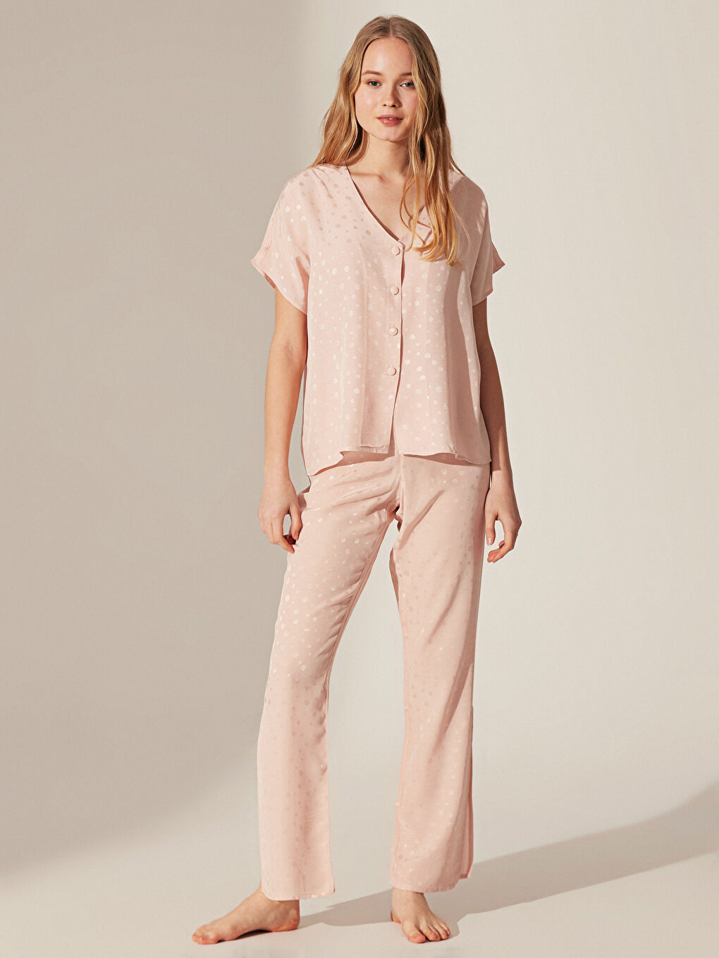 Pembe Gömlek Yaka Kısa Kollu Kadın Gabardin Pijama Takım-3