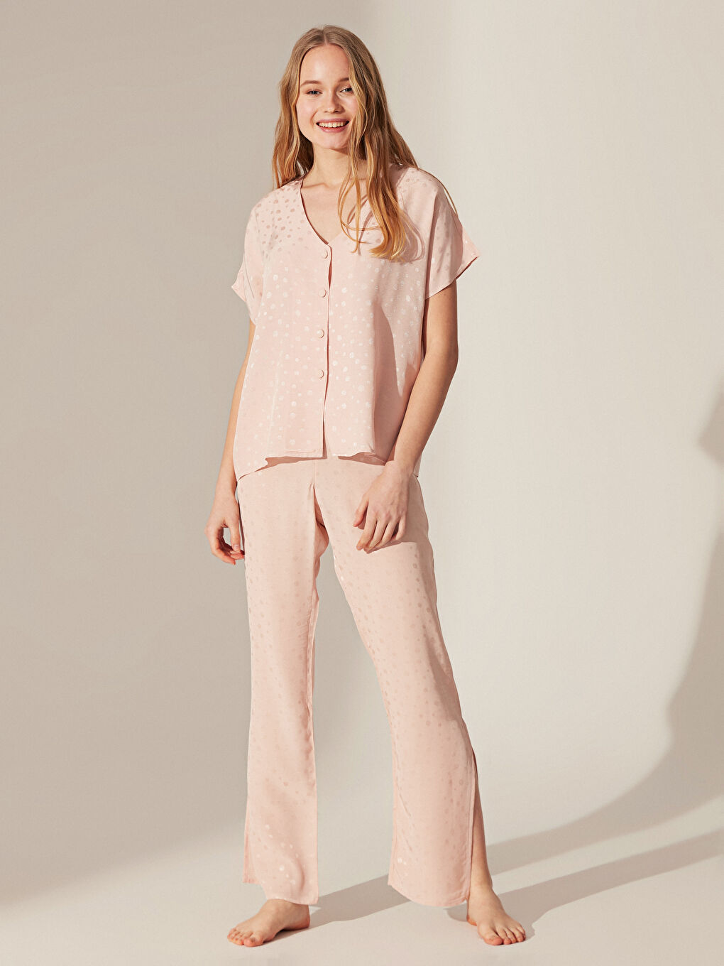 Pembe Gömlek Yaka Kısa Kollu Kadın Gabardin Pijama Takım-4