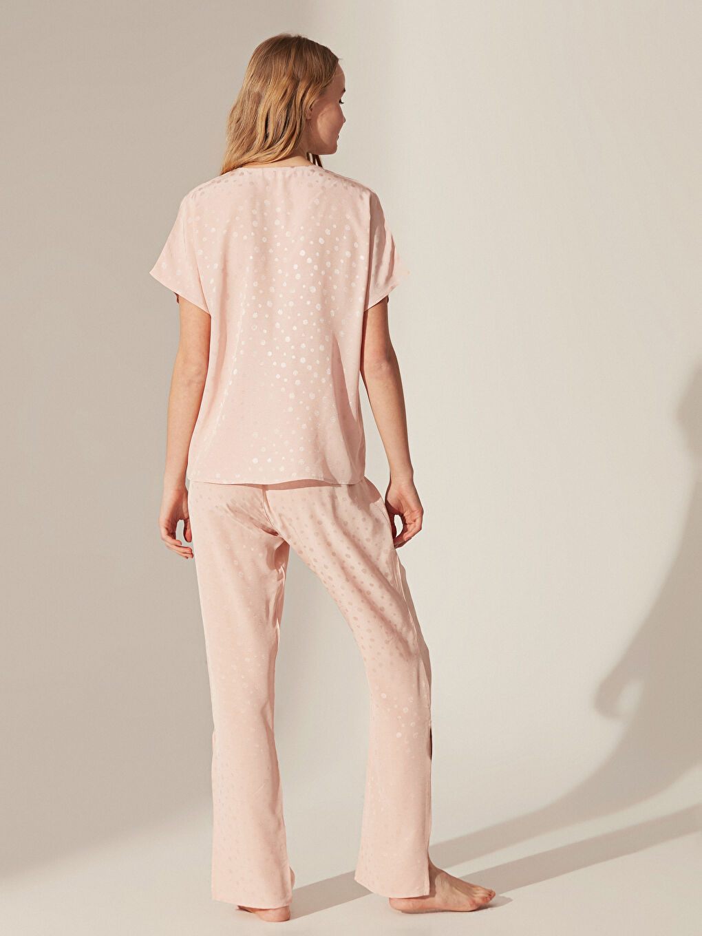 Pembe Gömlek Yaka Kısa Kollu Kadın Gabardin Pijama Takım-5