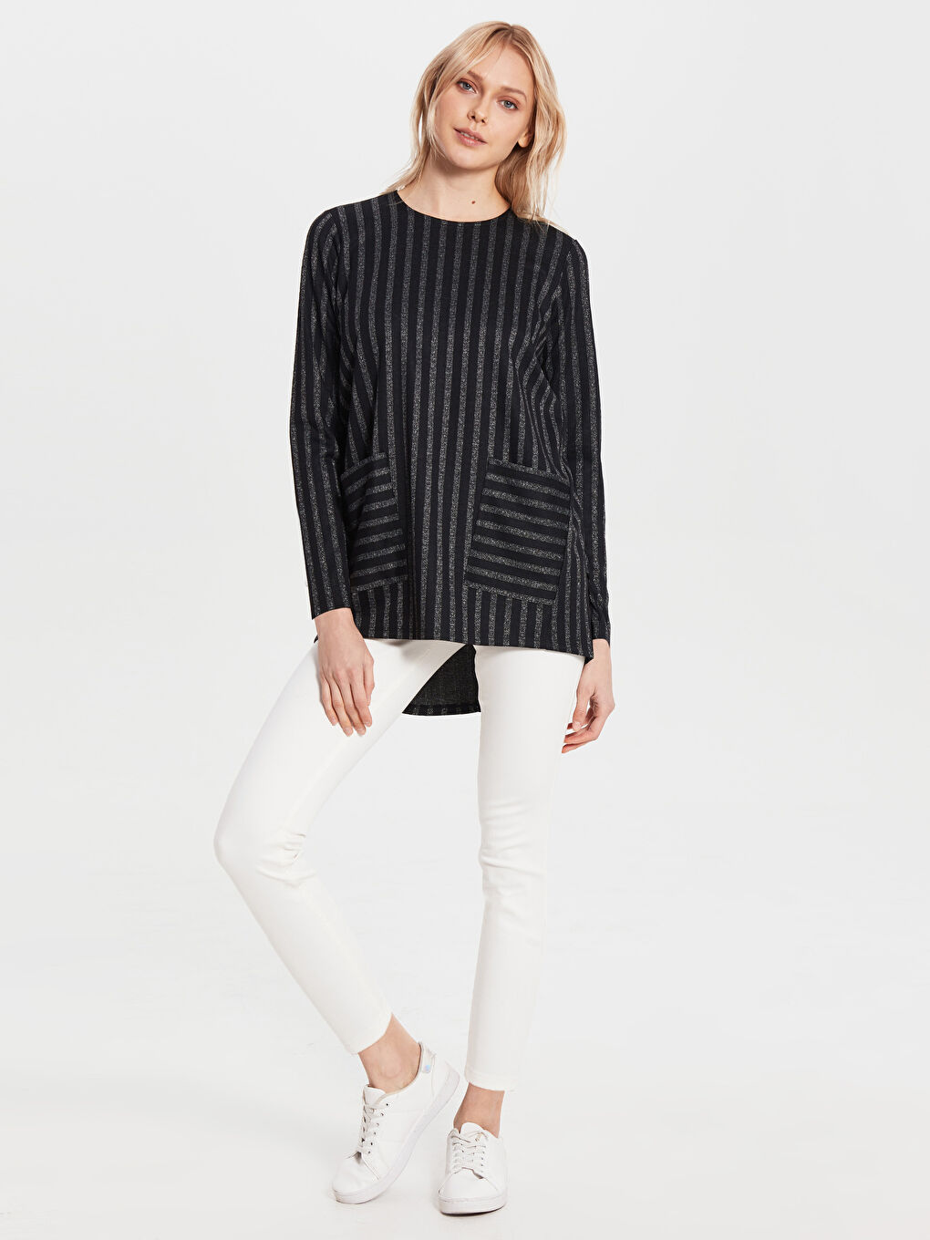 Siyah Bisiklet Yaka Çizgili Uzun Kollu Kadın Tişört-1