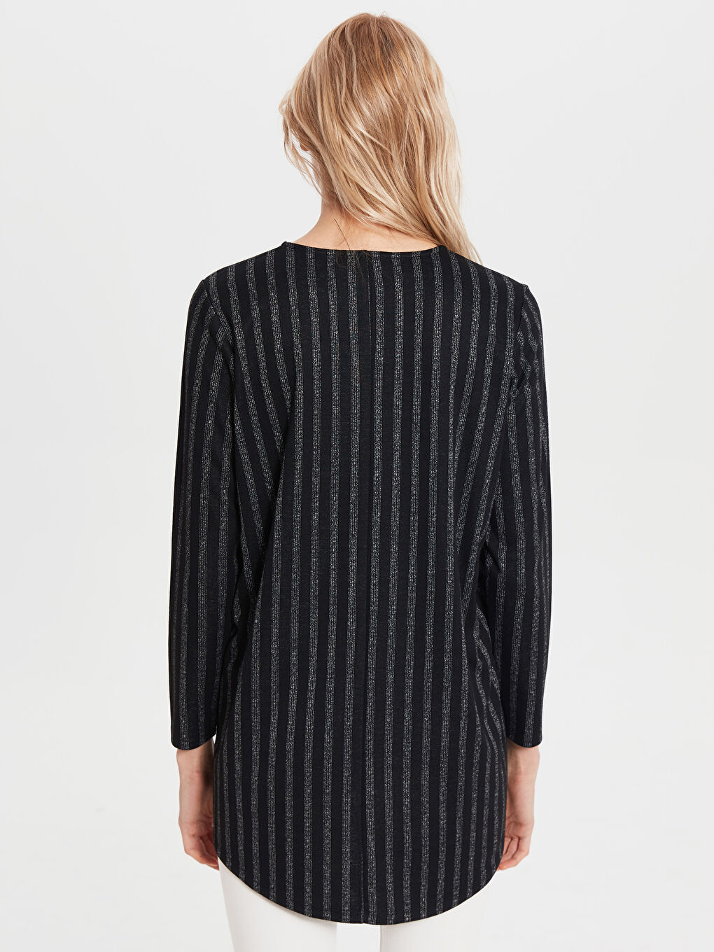 Siyah Bisiklet Yaka Çizgili Uzun Kollu Kadın Tişört-2