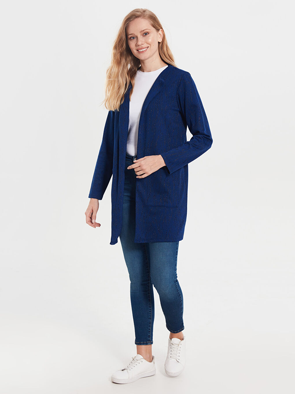 Mavi Işıltı Detaylı Uzun Kollu Kadın Ceket-1