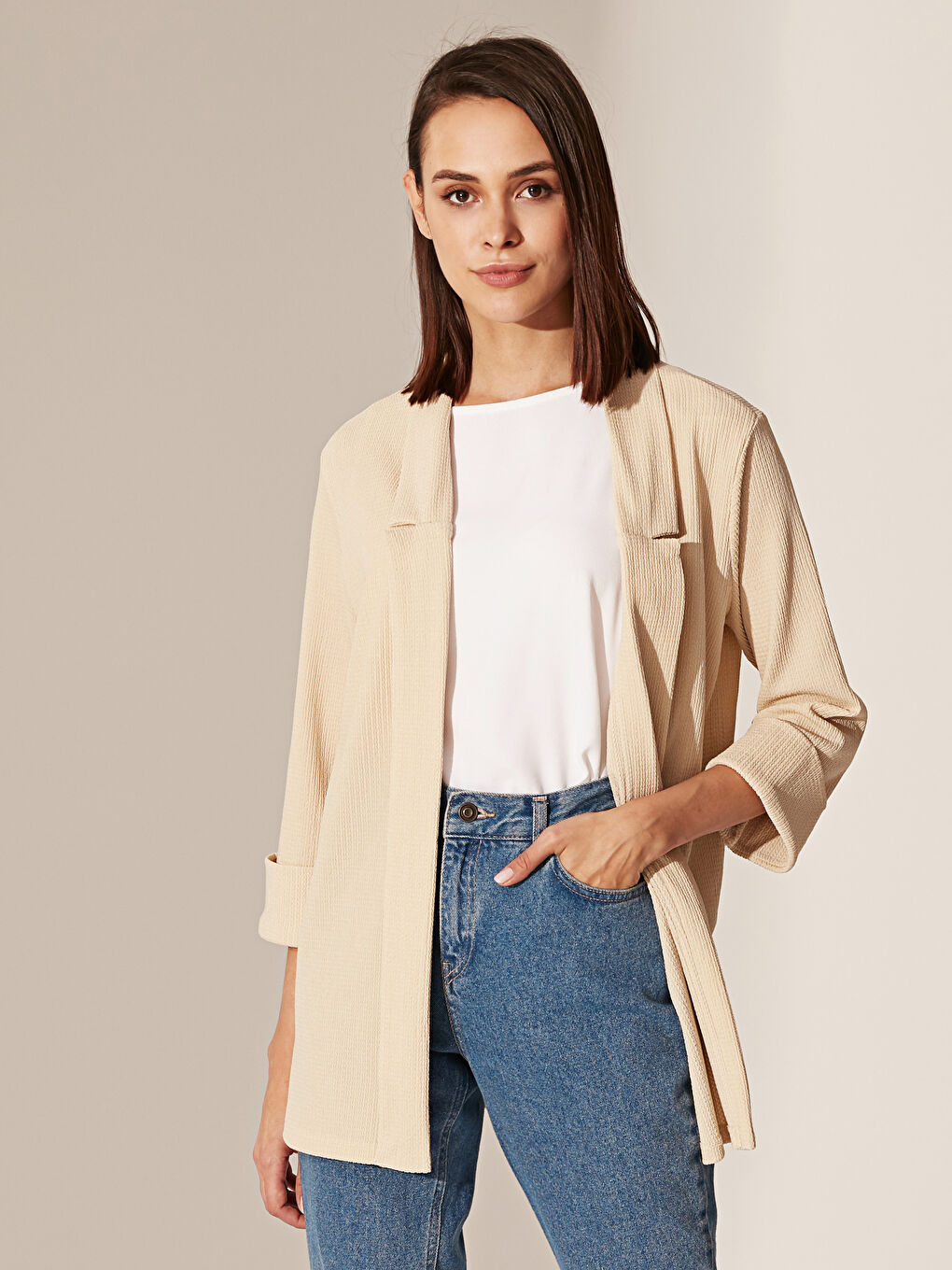 V Yaka Penye Kadın Düz Yakalı Hırka-2