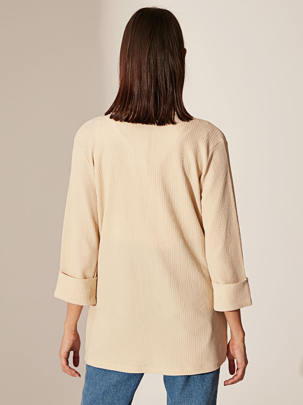 V Yaka Penye Kadın Düz Yakalı Hırka-4