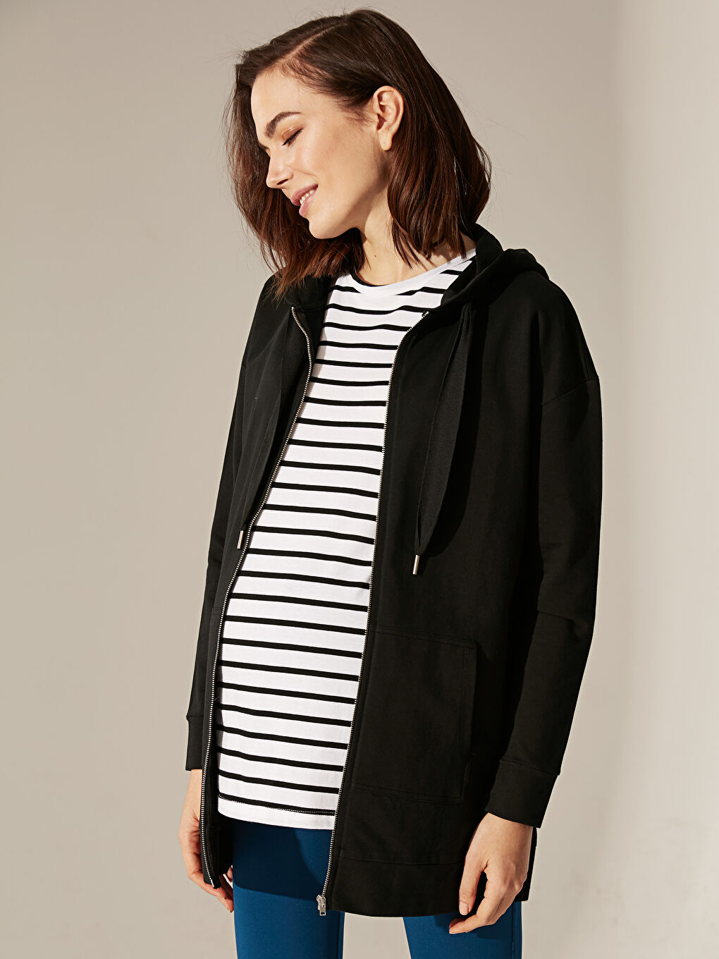 Siyah Kapüşolu Yaka Uzun Kollu Hamile Spor Hırka-1