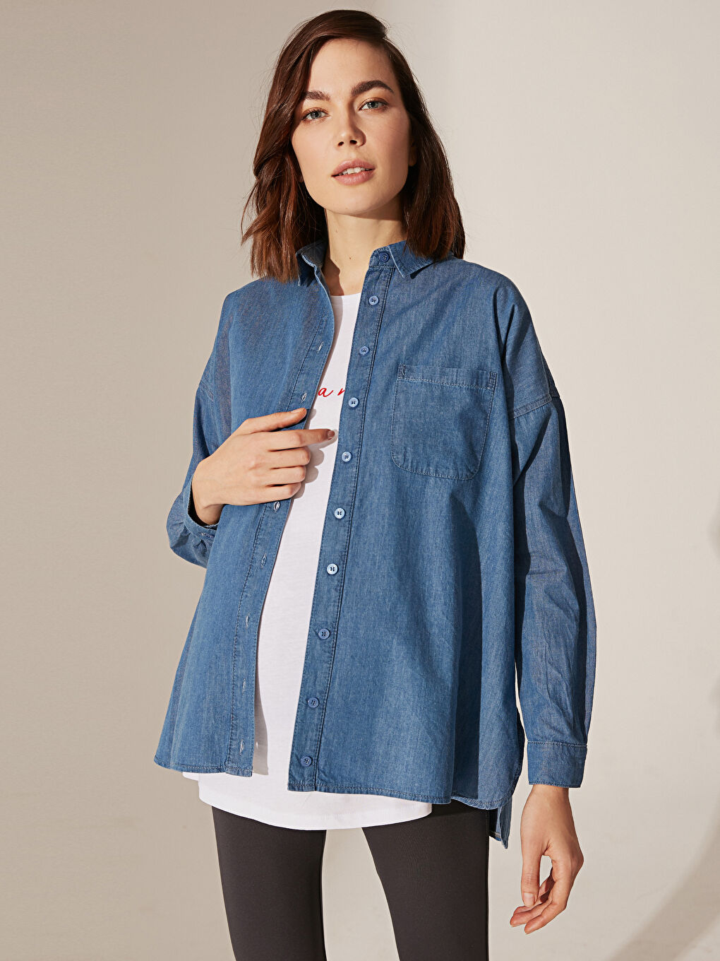 İndigo Gömlek Yaka Uzun Kollu Kadın Jean Tunik-5
