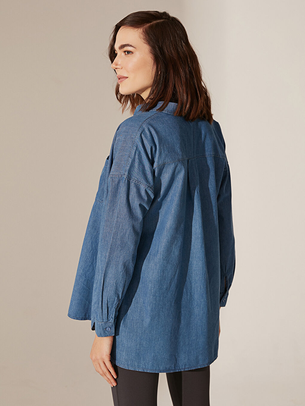 İndigo Gömlek Yaka Uzun Kollu Kadın Jean Tunik-7
