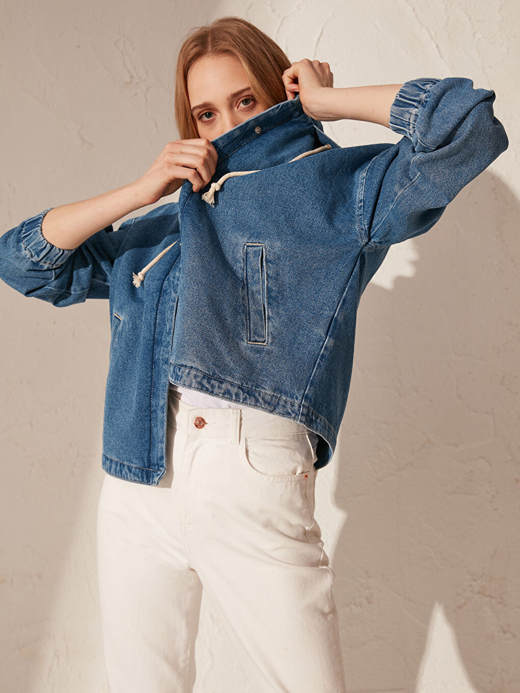İndigo Kapüşonlu Crop Uzun Kollu Kadın Jean Ceket-6