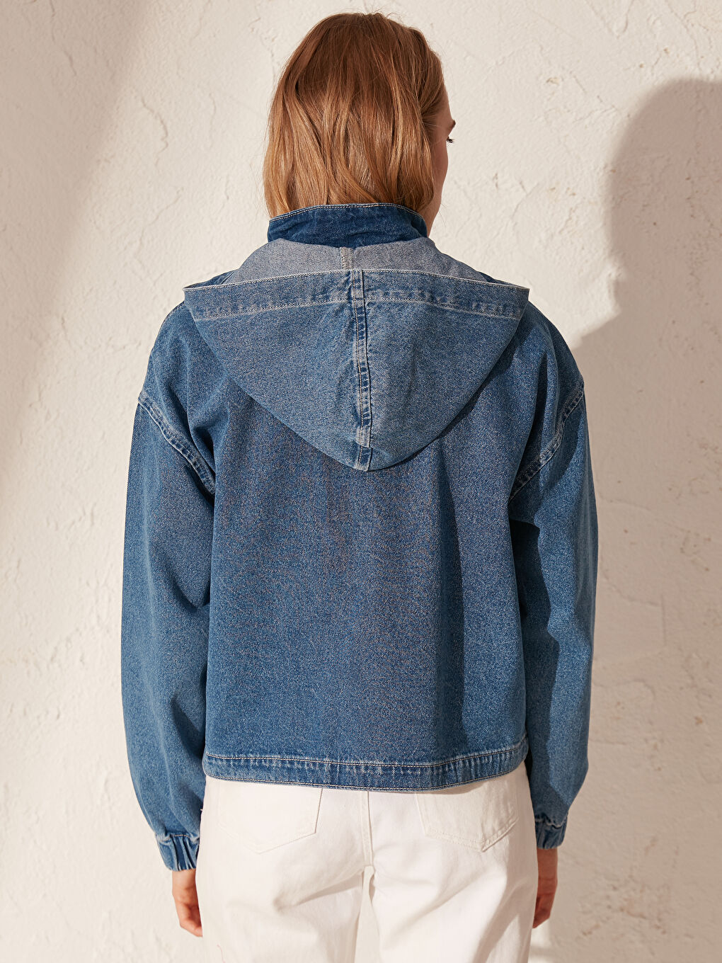 İndigo Kapüşonlu Crop Uzun Kollu Kadın Jean Ceket-8