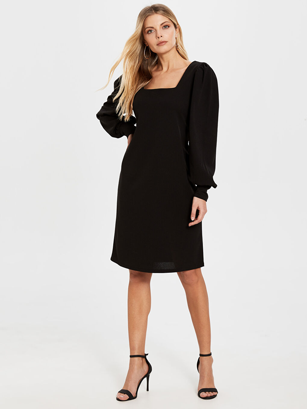 Siyah U Yaka Uzun Kollu Krep Kadın Elbise-1