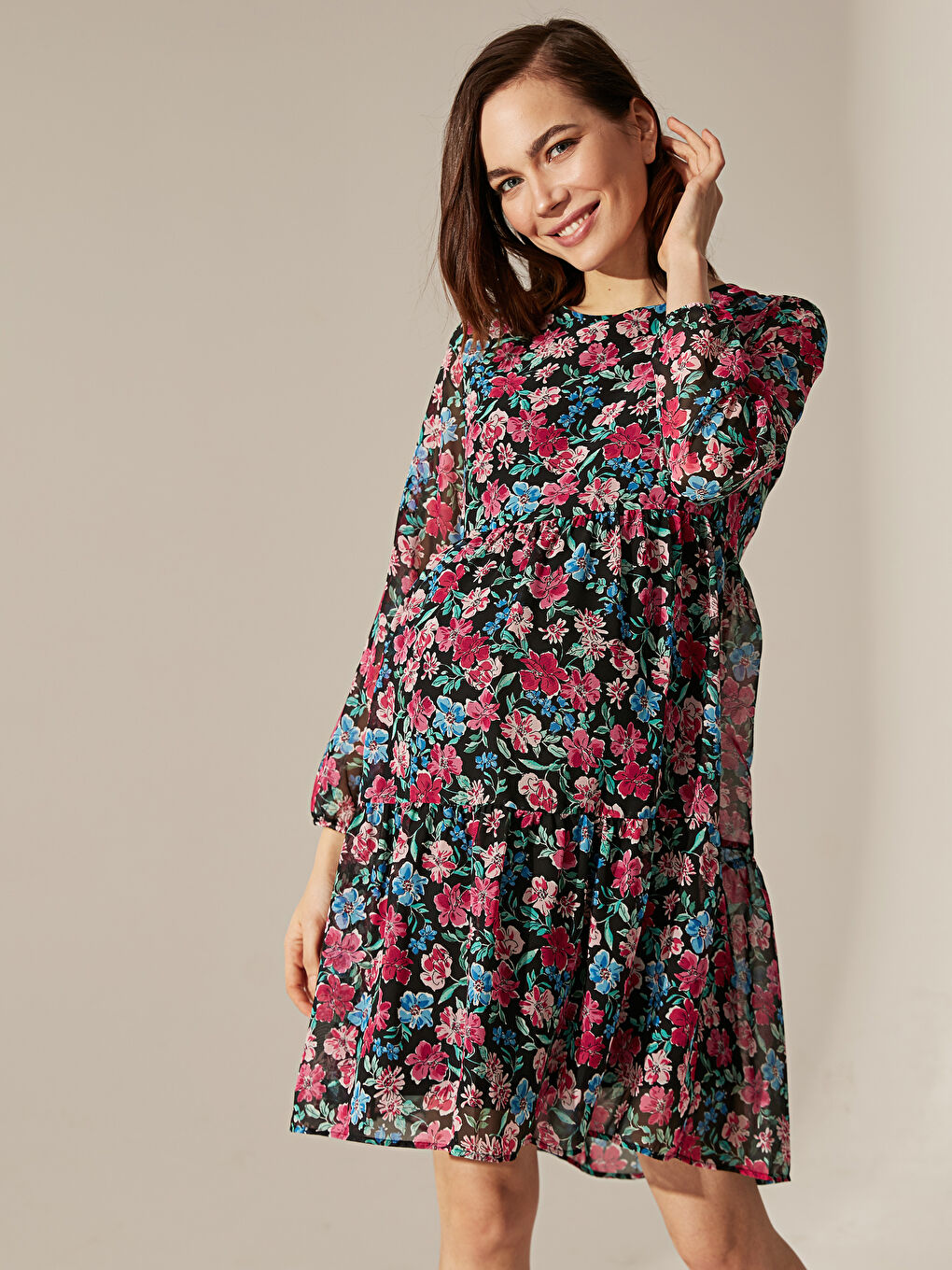 Karışık Çiçek Desenli Şifon Hamile Elbise-7