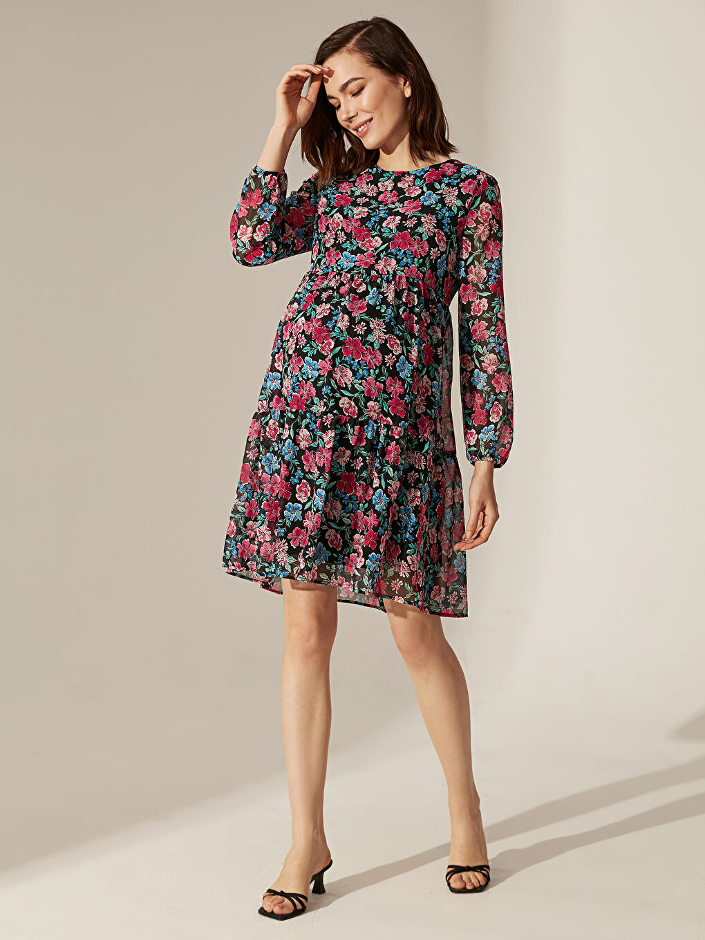 Karışık Çiçek Desenli Şifon Hamile Elbise-8