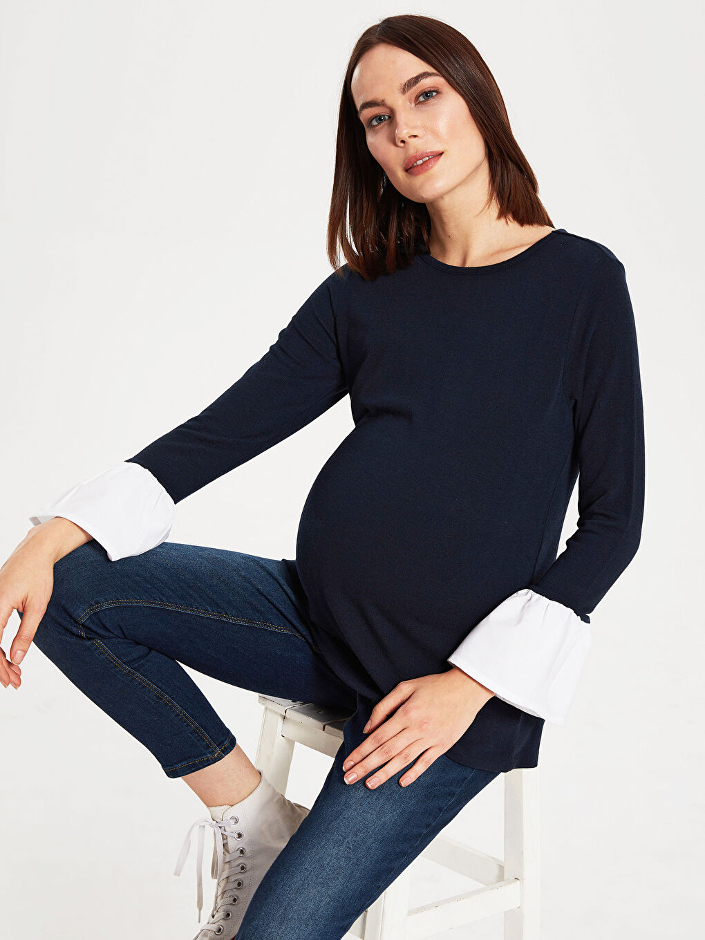 Lacivert Bisiklet Yaka Uzun Kollu Hamile Tişört