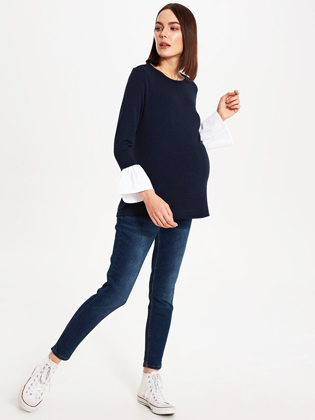 Lacivert Bisiklet Yaka Uzun Kollu Hamile Tişört-9