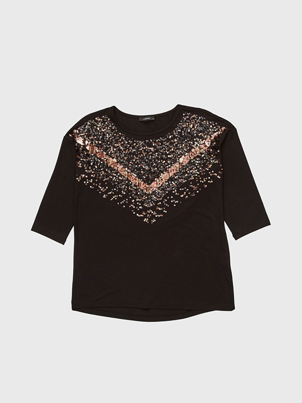 Siyah Bisiklet Yaka Nakışlı Kısa Kollu Kadın Tişört-1