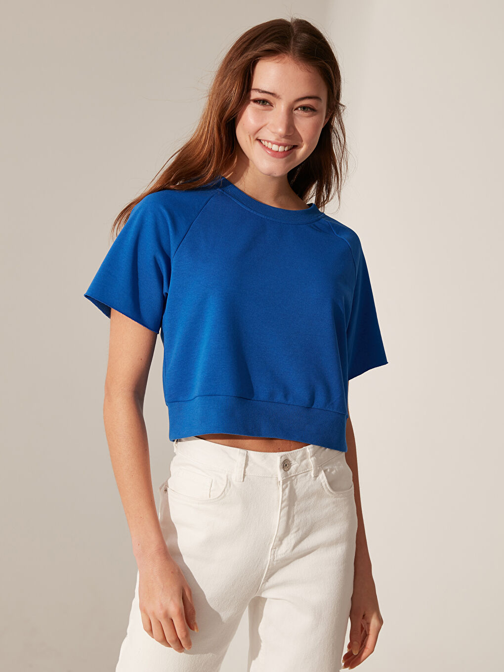 Mavi Bisiklet Yaka Kısa Kollu Kadın Crop Tişört-2