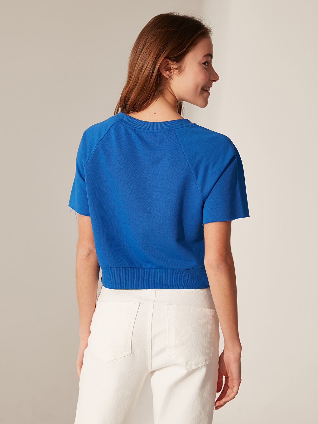Mavi Bisiklet Yaka Kısa Kollu Kadın Crop Tişört-3