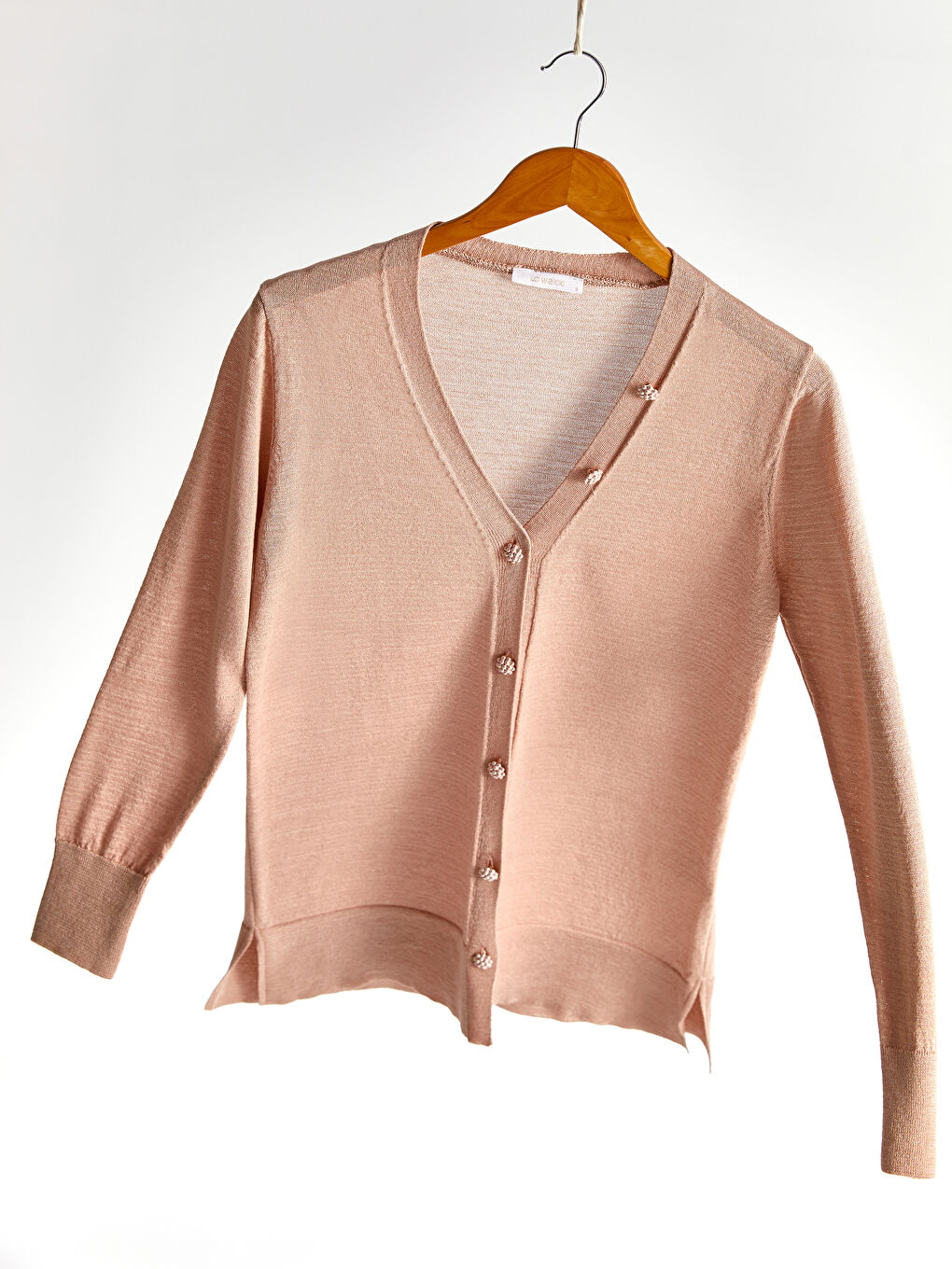 Pembe V Yaka Uzun Kollu Kadın Hırka-1