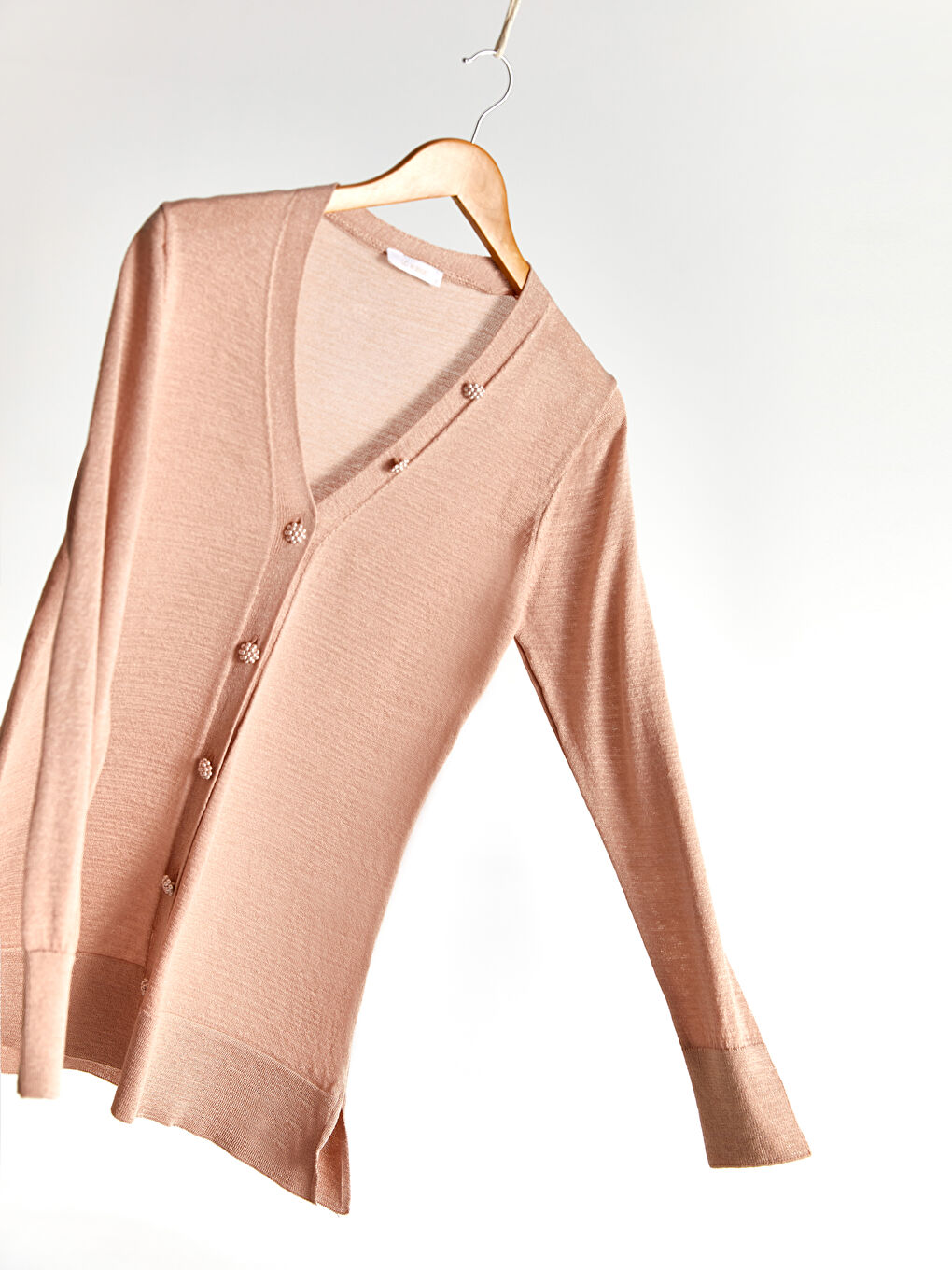 Pembe V Yaka Uzun Kollu Kadın Hırka-2