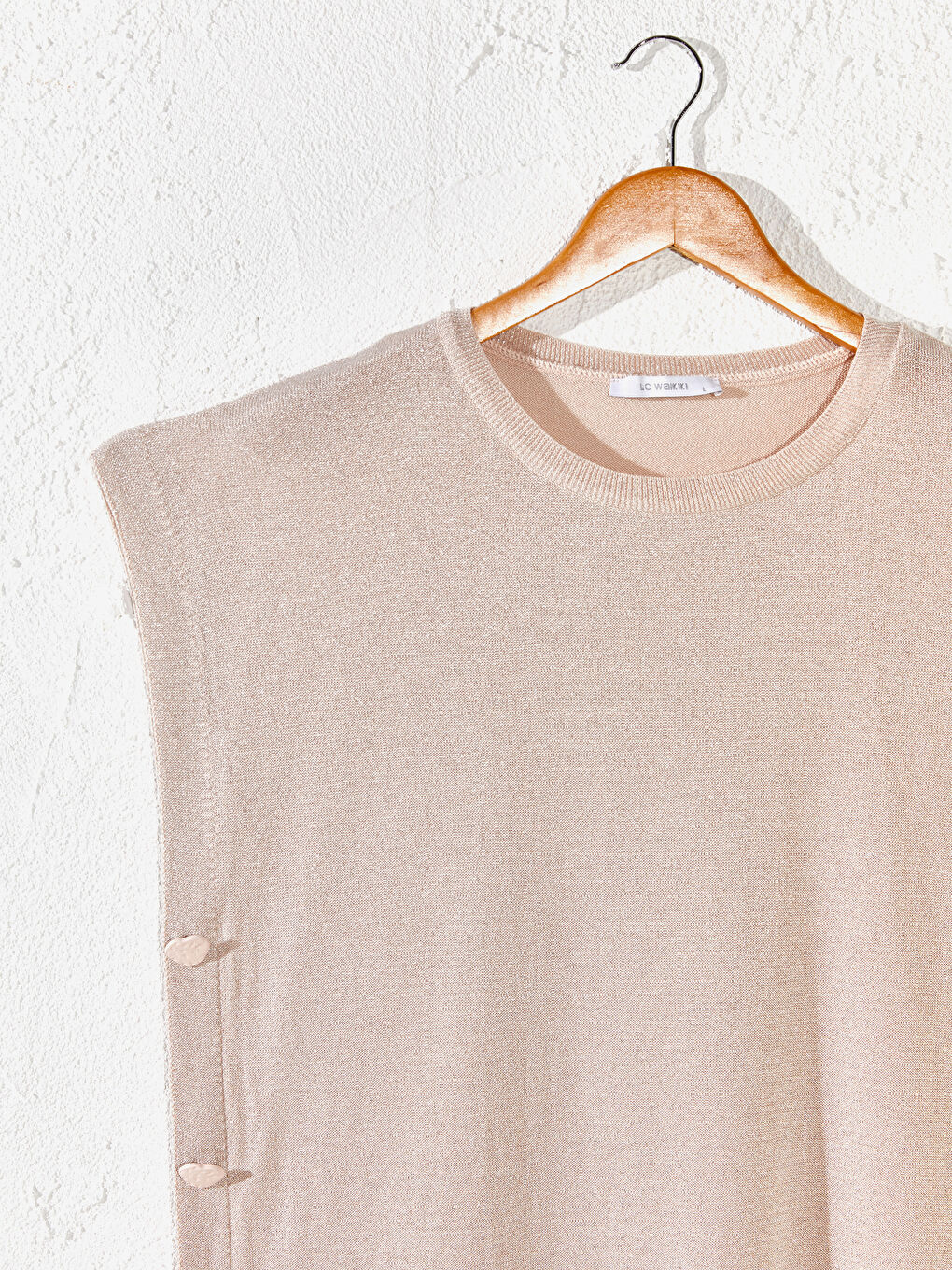 Pembe Kadın Bisiklet Yaka Düğme Detaylı Kolsuz Kazak-3