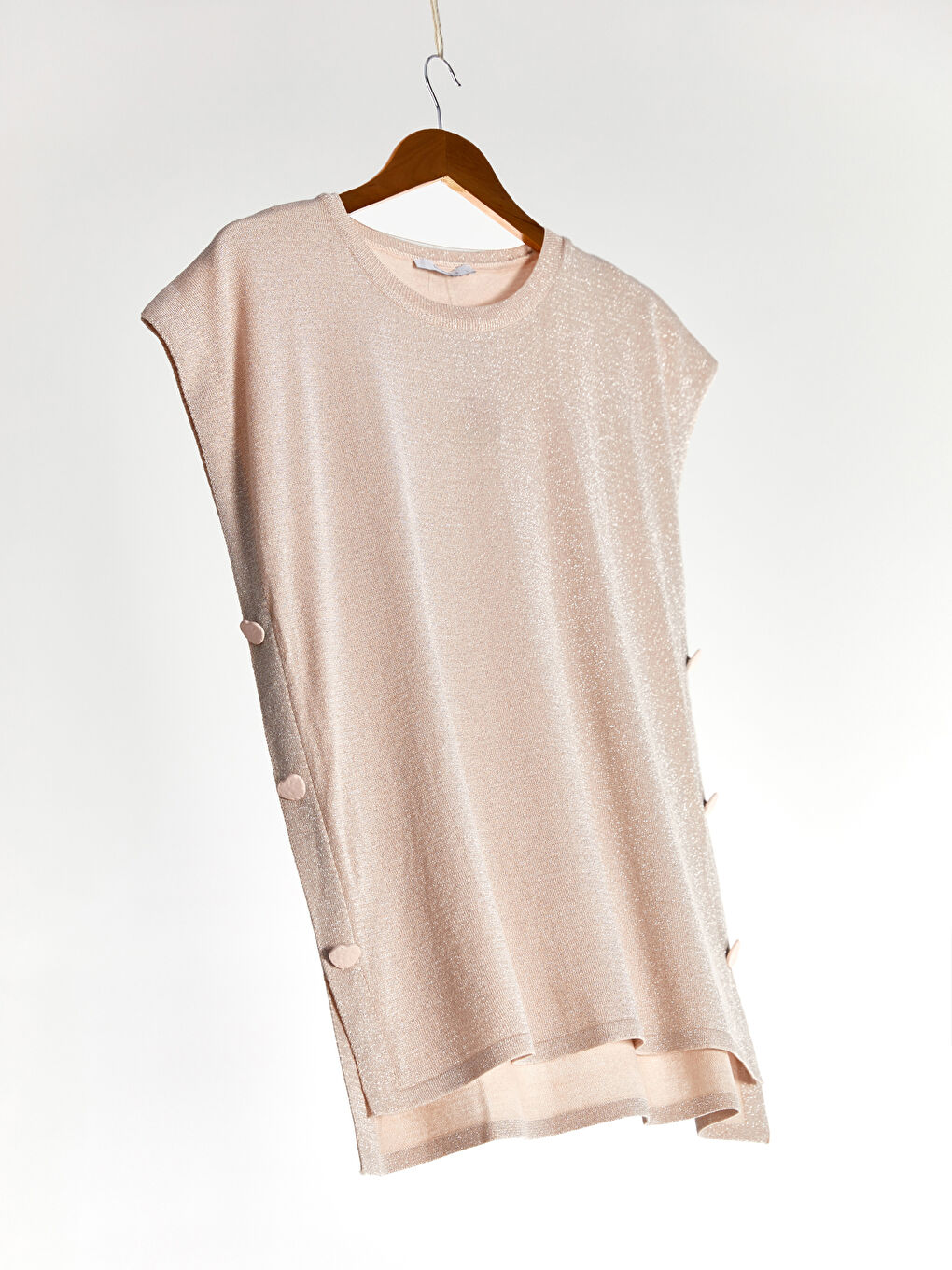 Pembe Kadın Bisiklet Yaka Düğme Detaylı Kolsuz Kazak-1