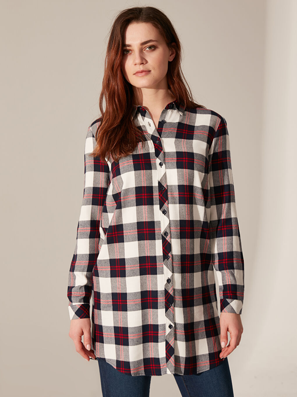 Lacivert Standart Fit Uzun Kollu Kadın Ekose Tunik