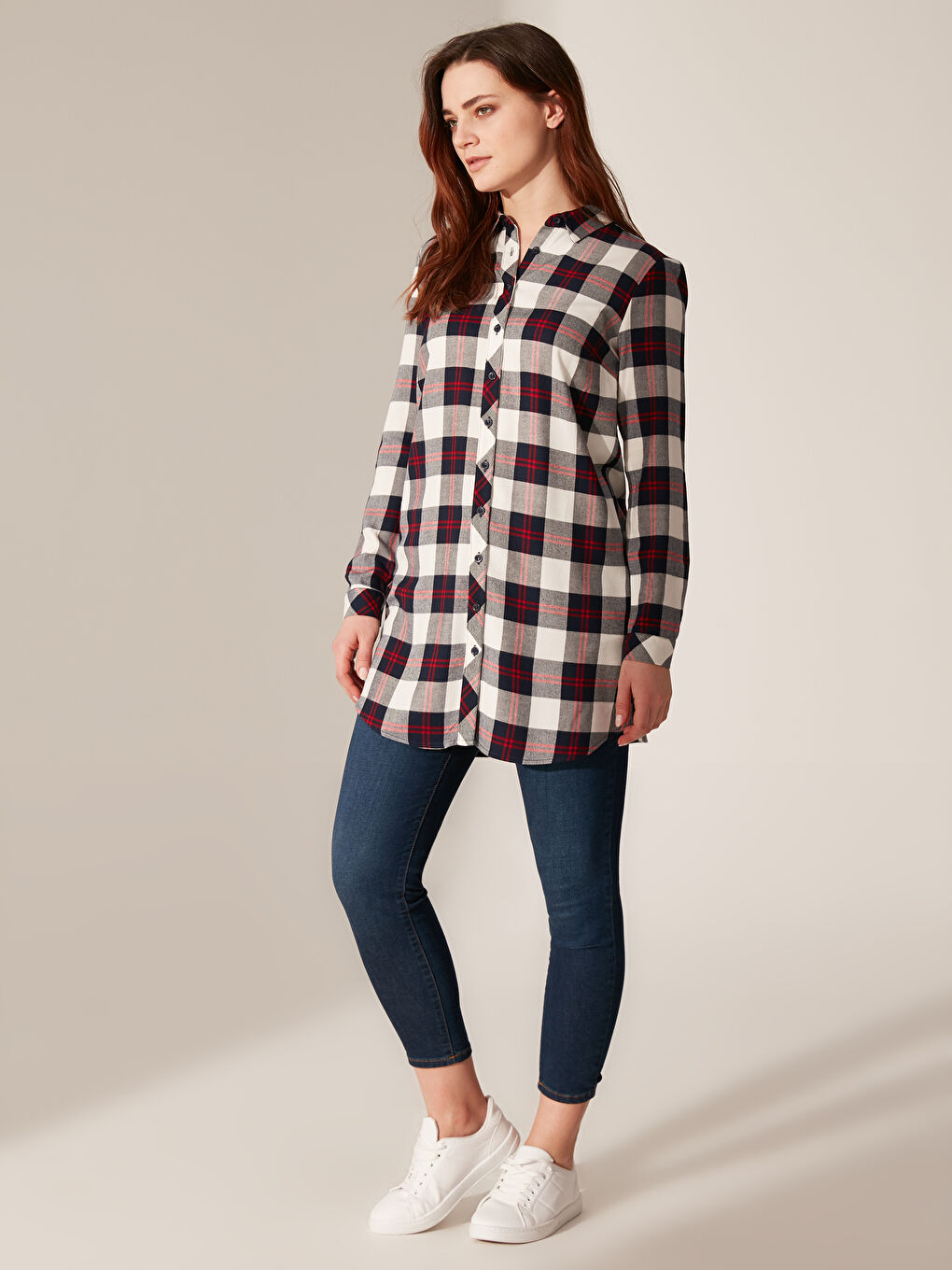 Lacivert Standart Fit Uzun Kollu Kadın Ekose Tunik-2