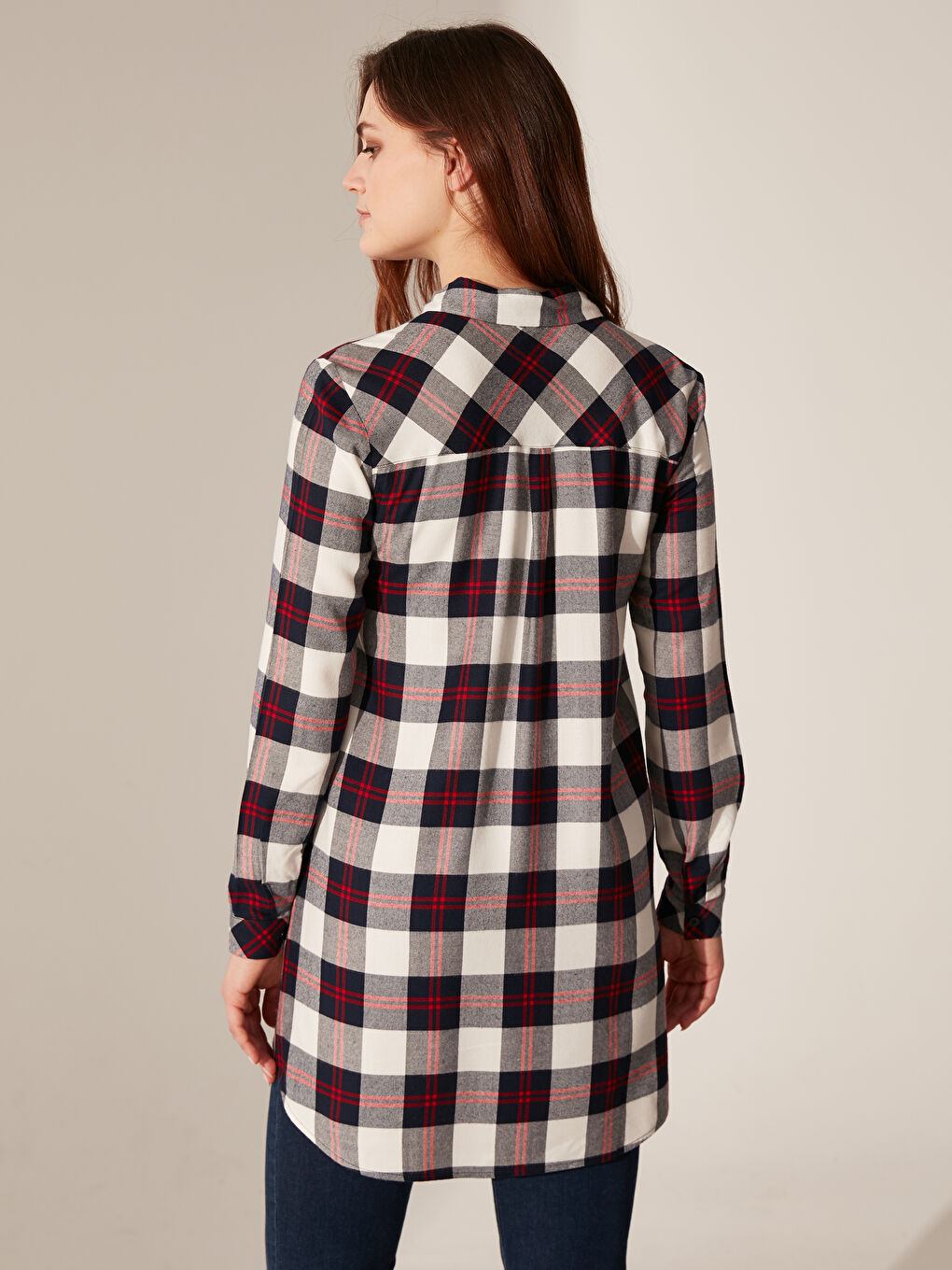 Lacivert Standart Fit Uzun Kollu Kadın Ekose Tunik-3