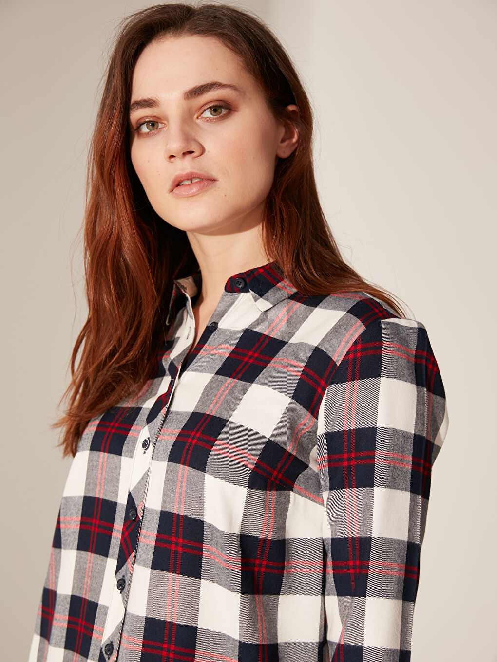 Lacivert Standart Fit Uzun Kollu Kadın Ekose Tunik-4