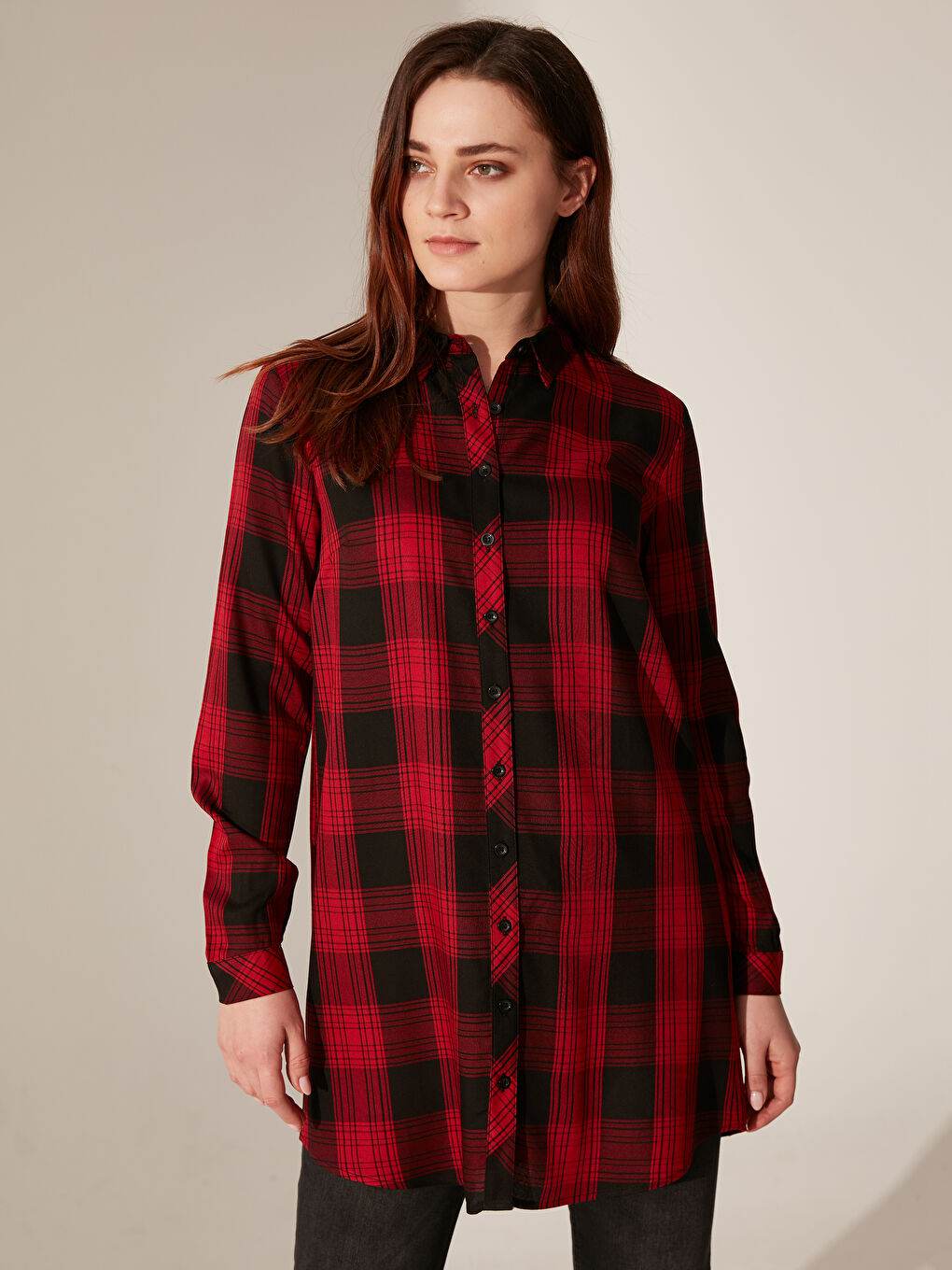 Kırmızı Standart Fit Uzun Kollu Kadın Ekose Tunik