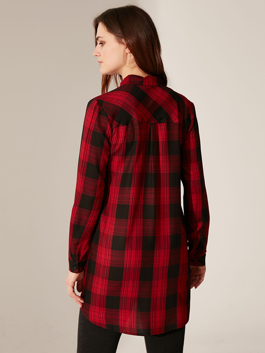 Kırmızı Standart Fit Uzun Kollu Kadın Ekose Tunik-2