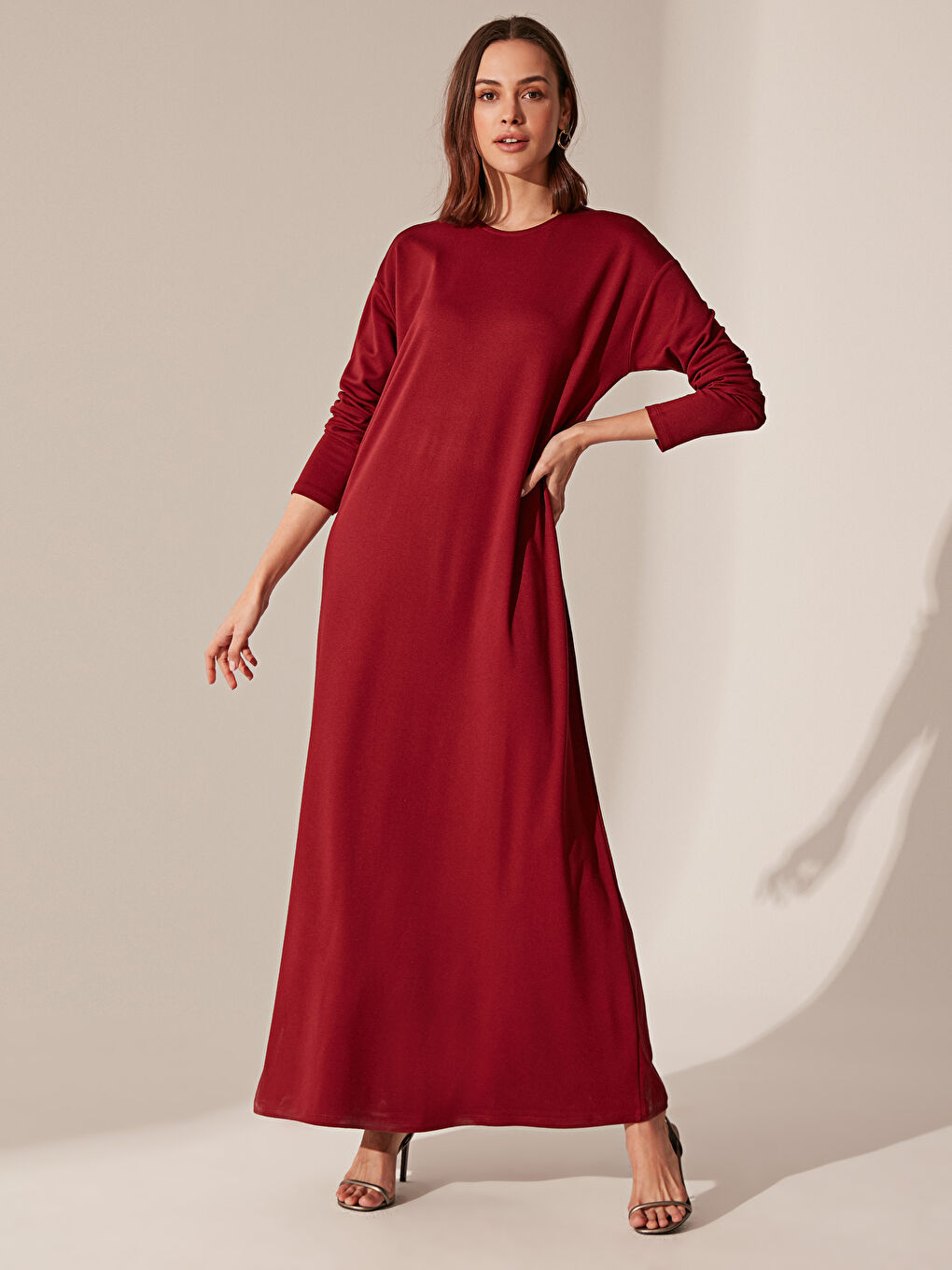 Bordo Uzun Kollu Kadın Elbise