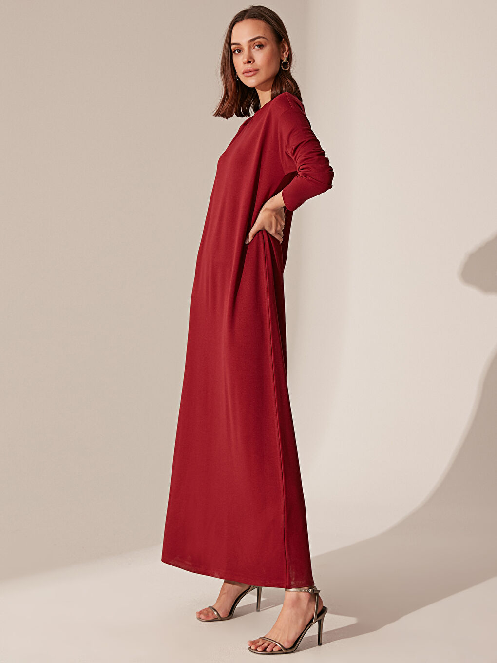 Bordo Uzun Kollu Kadın Elbise-1