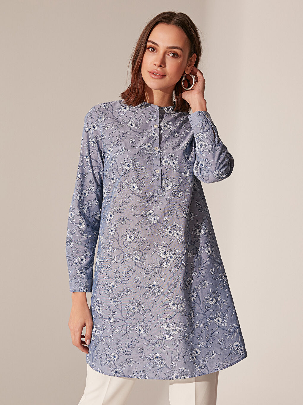Grandad Collar Patterned Long Sleeve Poplin Women's Tunic