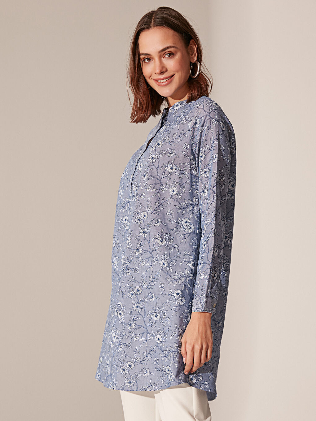 Grandad Collar Patterned Long Sleeve Poplin Women's Tunic-1