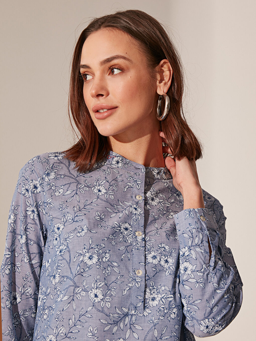 Grandad Collar Patterned Long Sleeve Poplin Women's Tunic-2