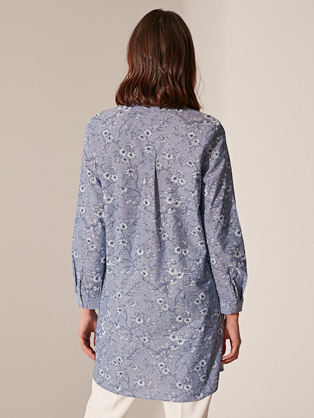 Grandad Collar Patterned Long Sleeve Poplin Women's Tunic-3