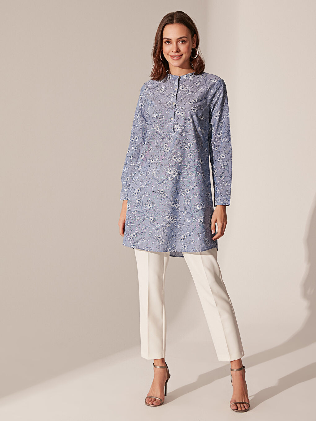 Grandad Collar Patterned Long Sleeve Poplin Women's Tunic-4