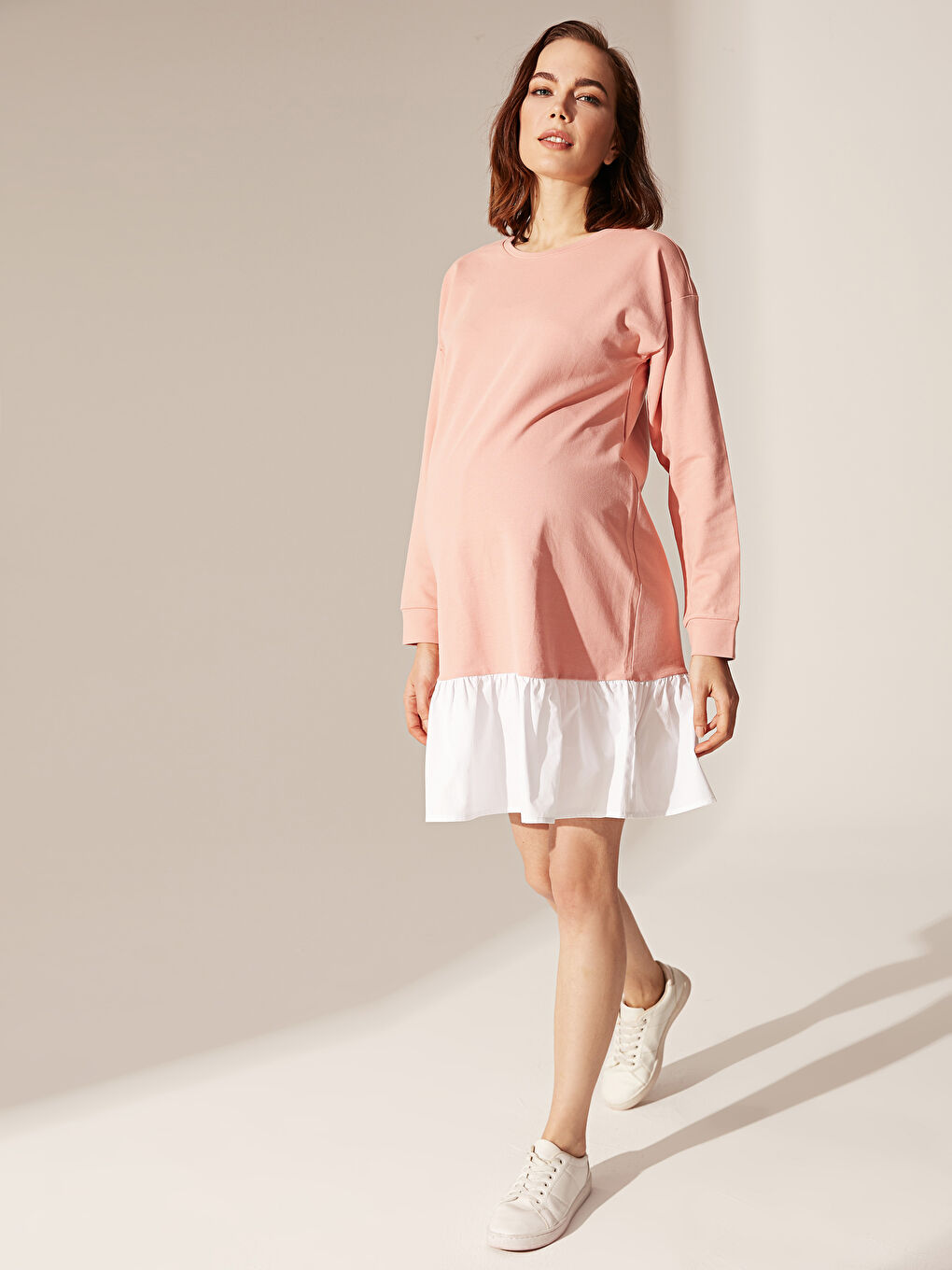 Pembe Bisiklet Yaka Düz Uzun Kollu Hamile Elbise-4