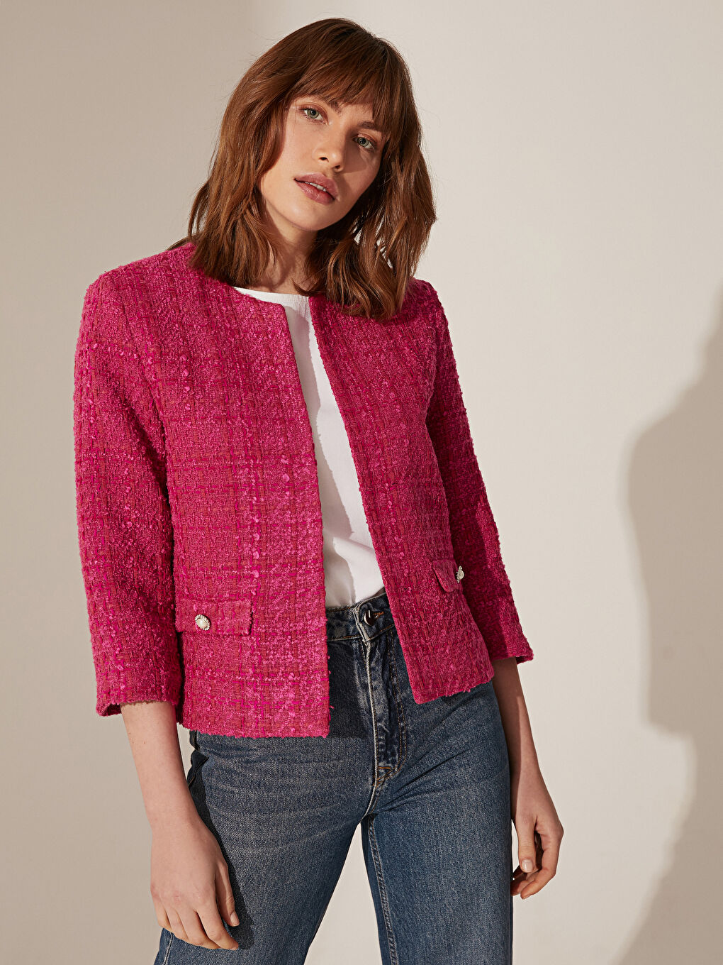 Fuşya Bisiklet Yaka Uzun Kollu Kadın Tüvit Ceket-2