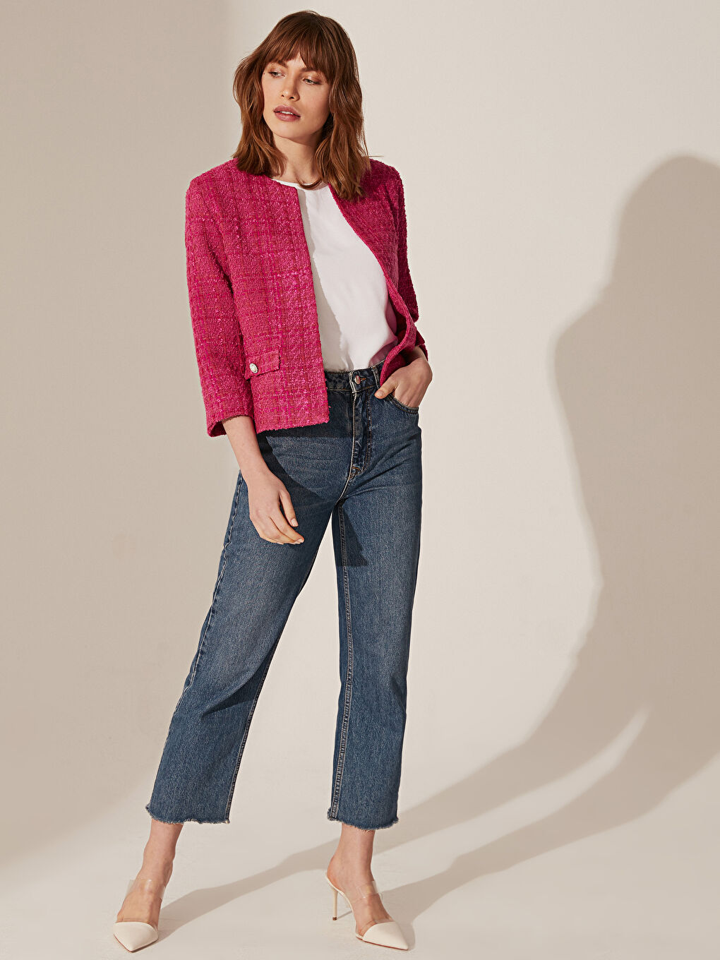 Fuşya Bisiklet Yaka Uzun Kollu Kadın Tüvit Ceket-3