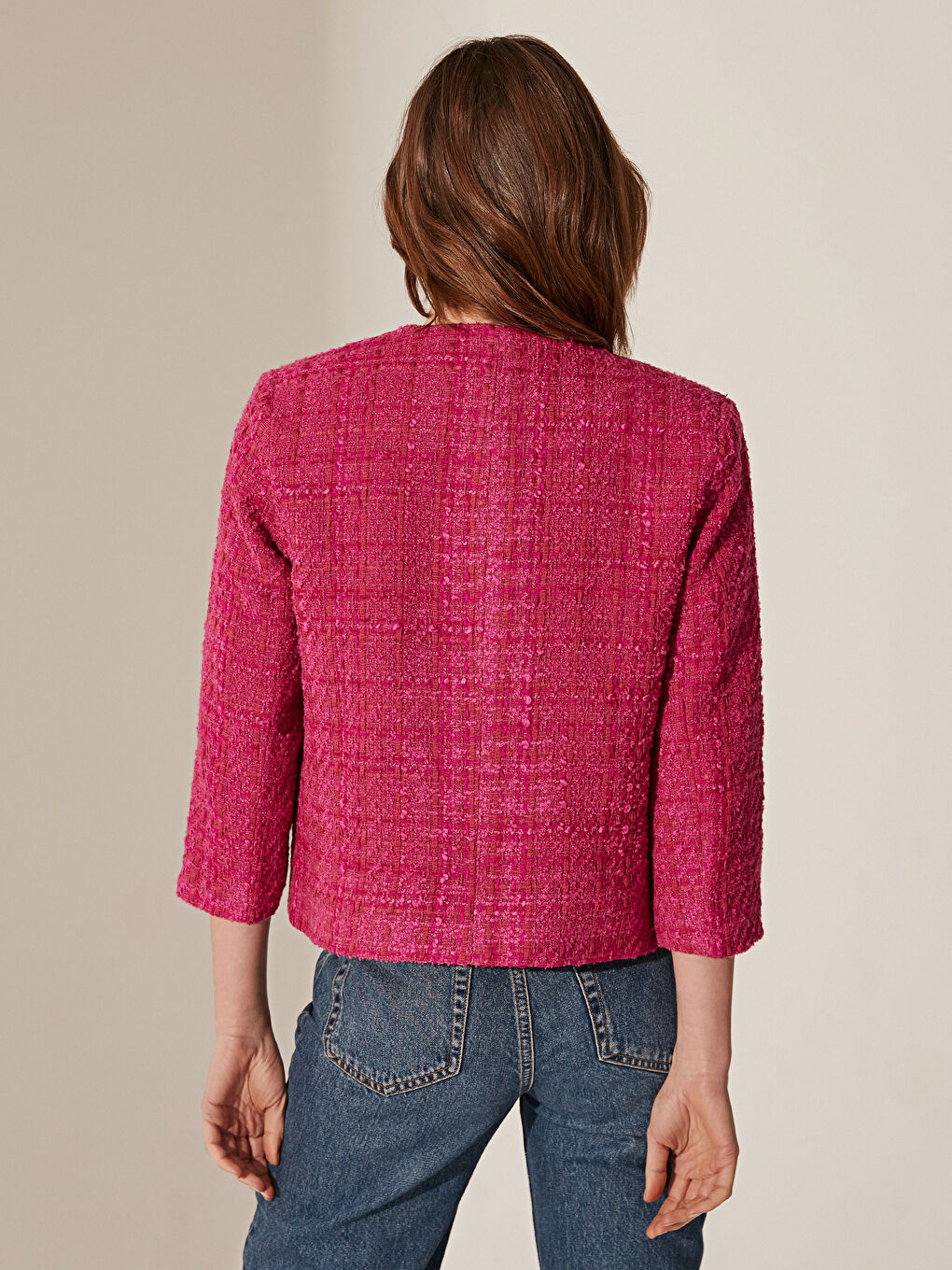 Fuşya Bisiklet Yaka Uzun Kollu Kadın Tüvit Ceket-4