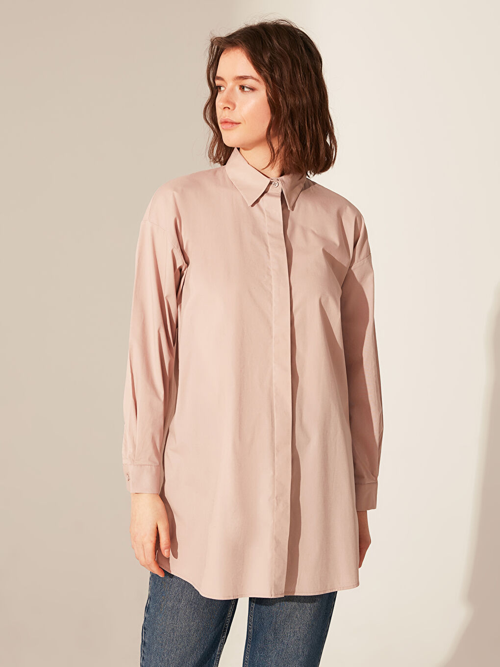 Bej Düz Uzun Kollu Oversize Poplin Kadın Gömlek Tunik