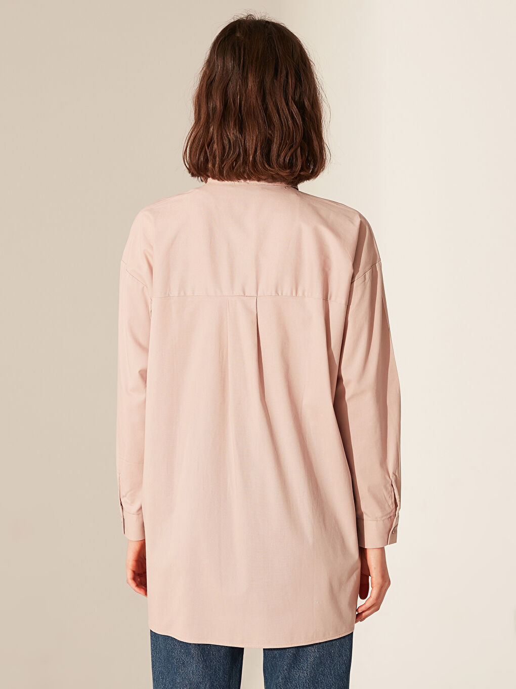 Bej Düz Uzun Kollu Oversize Poplin Kadın Gömlek Tunik-3